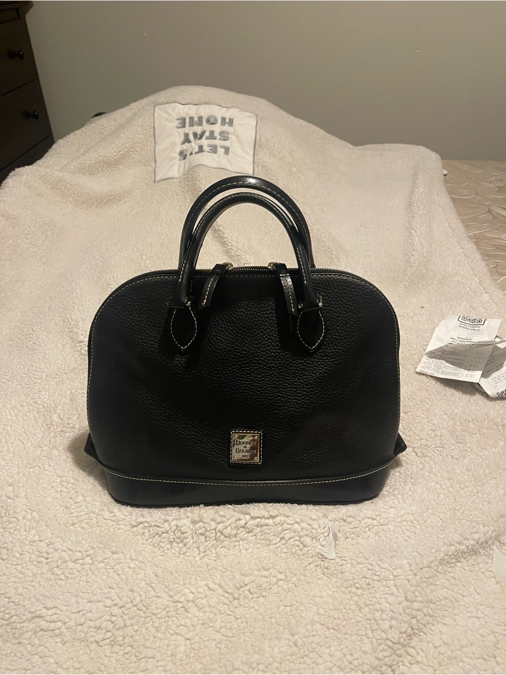 Dooney & Bourke Black Pebbled Leather Dome Satchel with Gold-Tone Logo